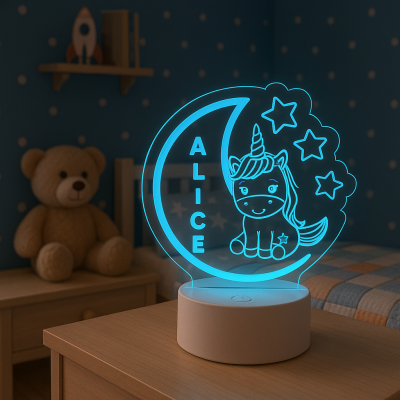Lampada in Plexiglass da Bambini con Unicorno e Luna Personalizzata con Nome Decor Night Light LED Luce Camera 7 Colori