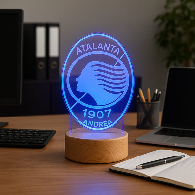 Lampada in Plexiglass con Disegno Stemma dell'Atalanta Calcio e Nome Personalizzato