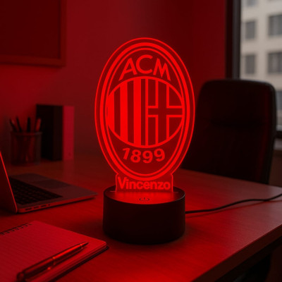 Lampada in Plexiglass con Logo Milan Calcio e Nome Personalizzato