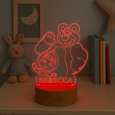 Lampada in Plexiglass per Bambini con immagine di Masha e di Orso e Nome Personalizzato