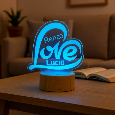 Lampada in Plexiglass Forma di Cuore con Nomi Personalizzati Love