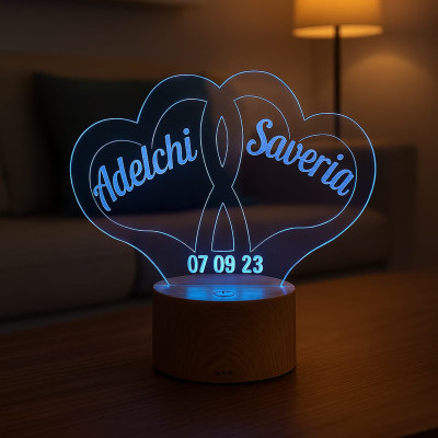 Lampada in Plexiglass con Disegno Cuori Intrecciati Personalizzato con Nomi e Date
