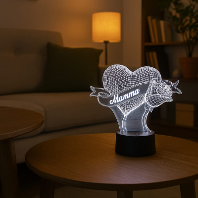 Lampada in Plexiglass con Disegno Cuore e Rosa e Scritta Mamma