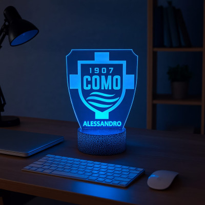 Lampada in Plexiglass Disegno Stemma del Como Calcio e Nome Personalizzato